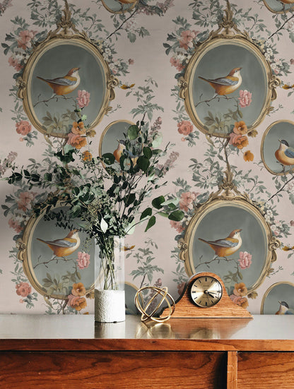 Vintage Beige Bird and Floral Motif Wallpaper