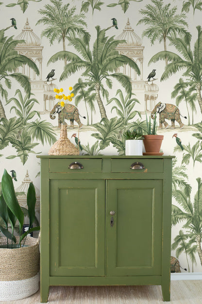 Cream Jungle Elephant and Bird Wallpaper