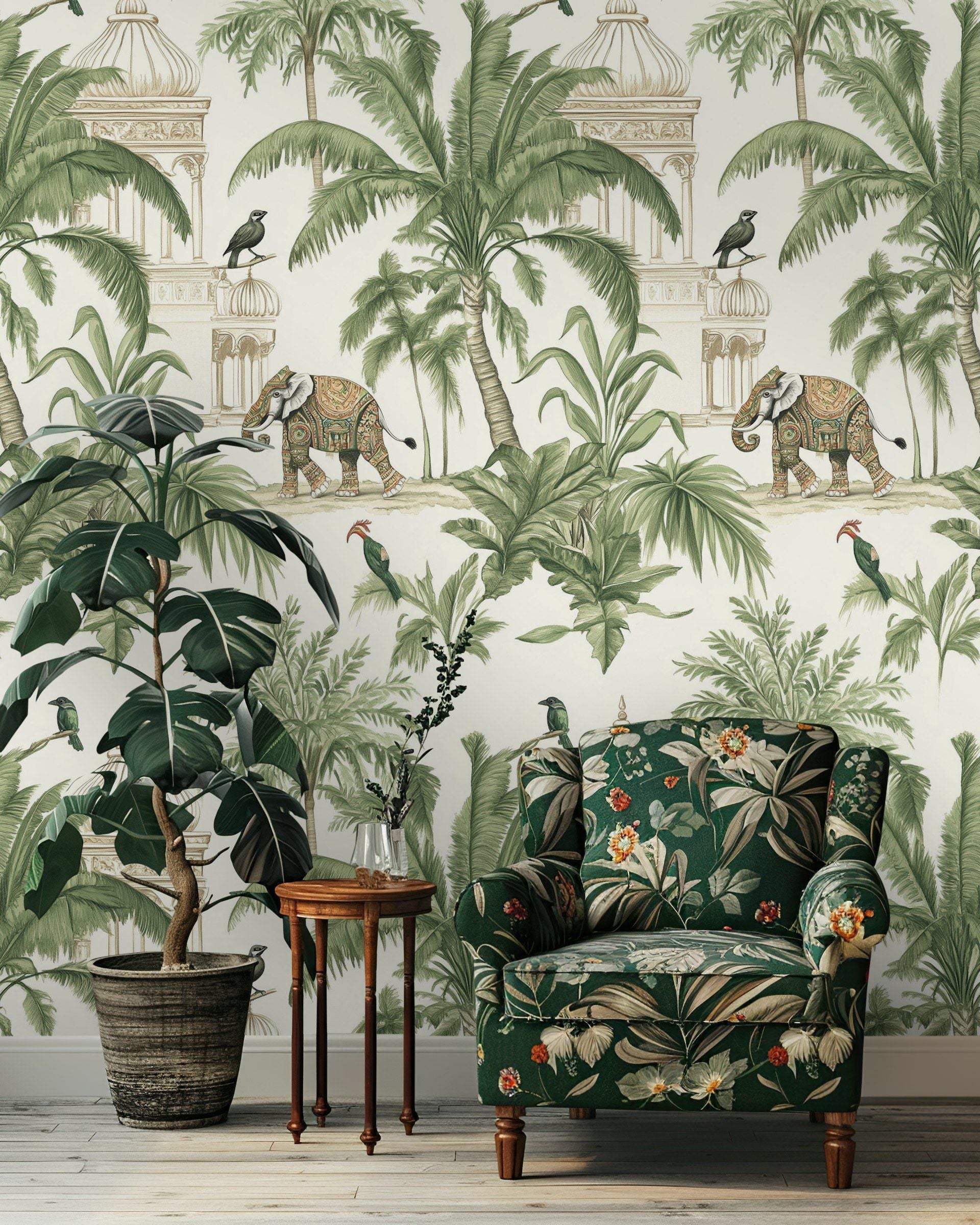 Cream Jungle Elephant and Bird Wallpaper