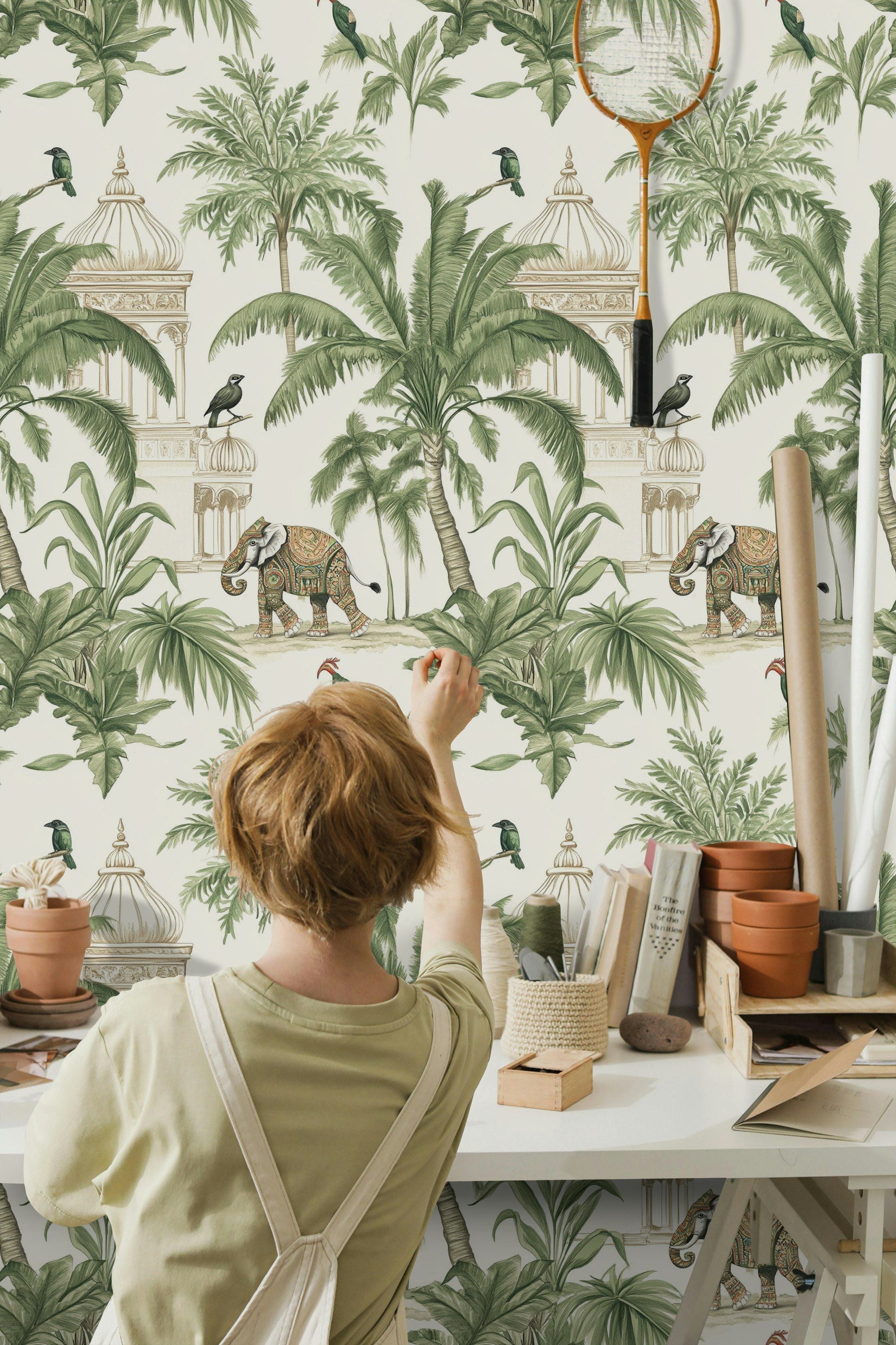Cream Jungle Elephant and Bird Wallpaper