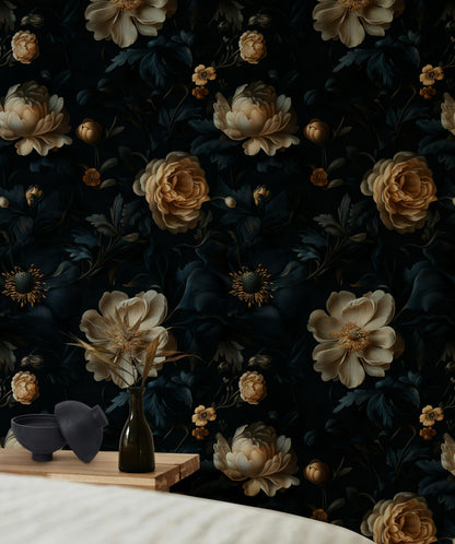 Dark Charcoal and Cream Large Floral Wallpaper