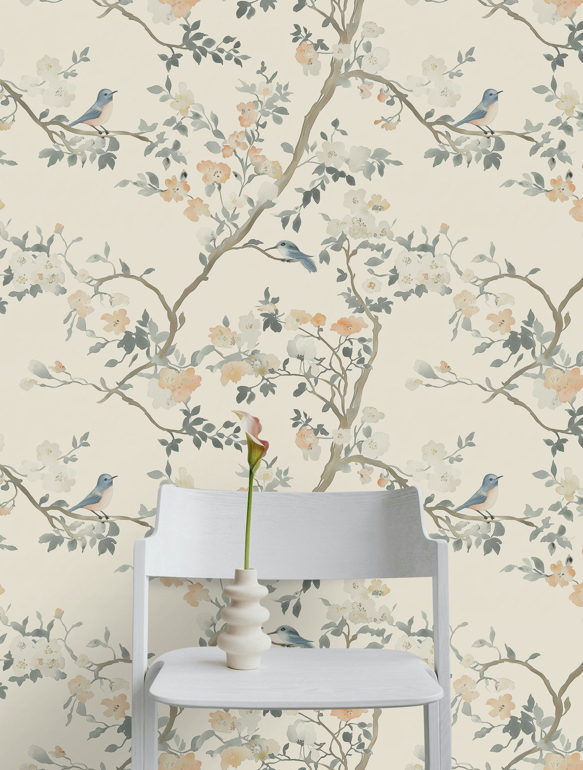 Cream Cherry Blossom and Bluebird Wallpaper