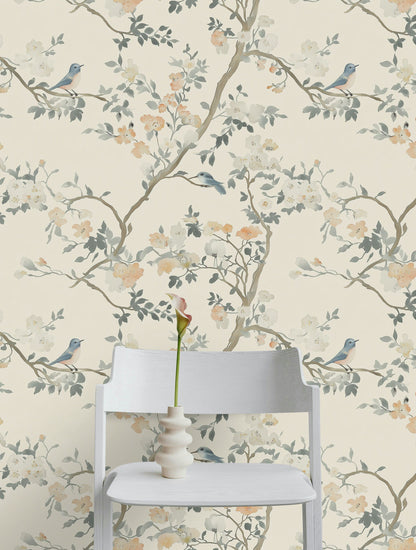 Cream Cherry Blossom and Bluebird Wallpaper