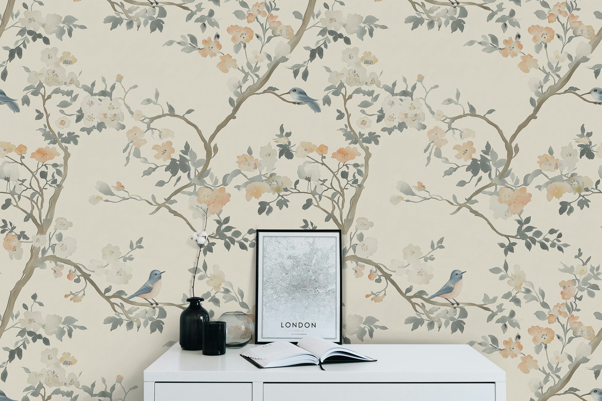 Cream Cherry Blossom and Bluebird Wallpaper