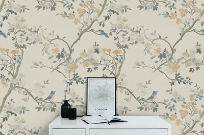 Cream Cherry Blossom and Bluebird Wallpaper