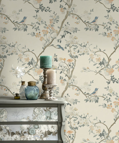 Cream Cherry Blossom and Bluebird Wallpaper