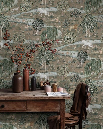 Pastoral Landscape Wallpaper Horses and Lions Scenic Wall Mural
