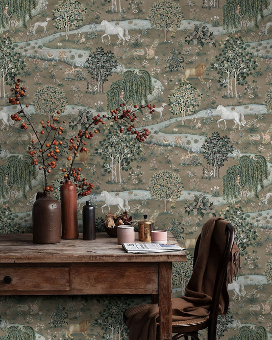 Pastoral Landscape Wallpaper Horses and Lions Scenic Wall Mural