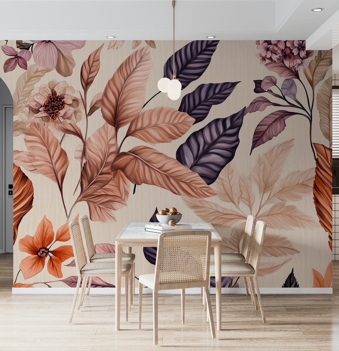 Vintage Botanical Blush Floral Wallpaper Big Leaf Wall Mural