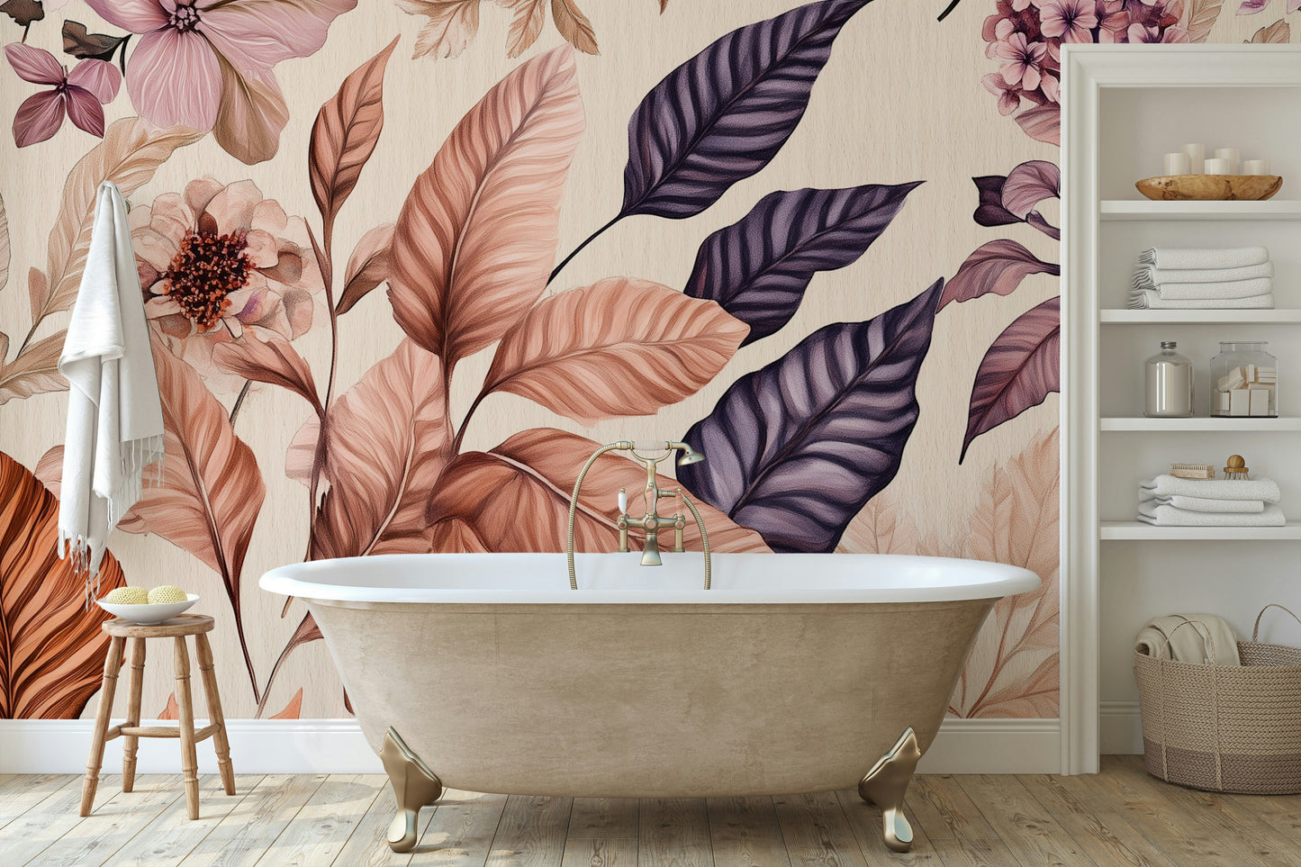 Vintage Botanical Blush Floral Wallpaper Big Leaf Wall Mural