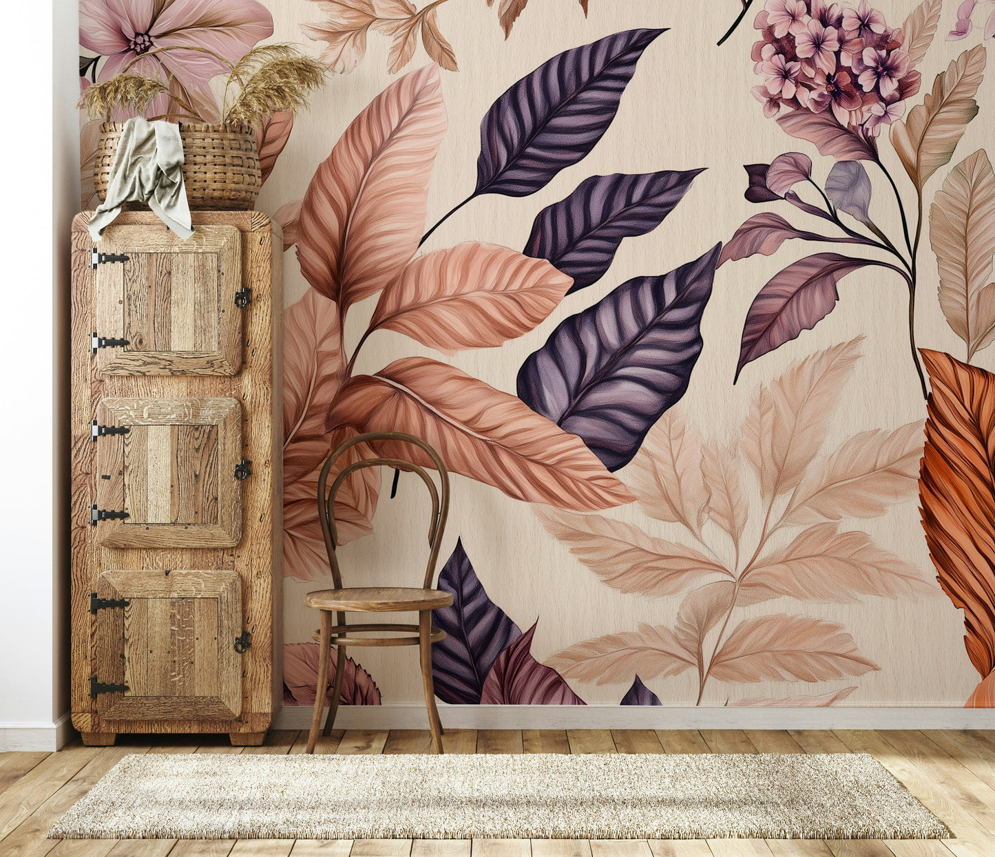 Vintage Botanical Blush Floral Wallpaper Big Leaf Wall Mural
