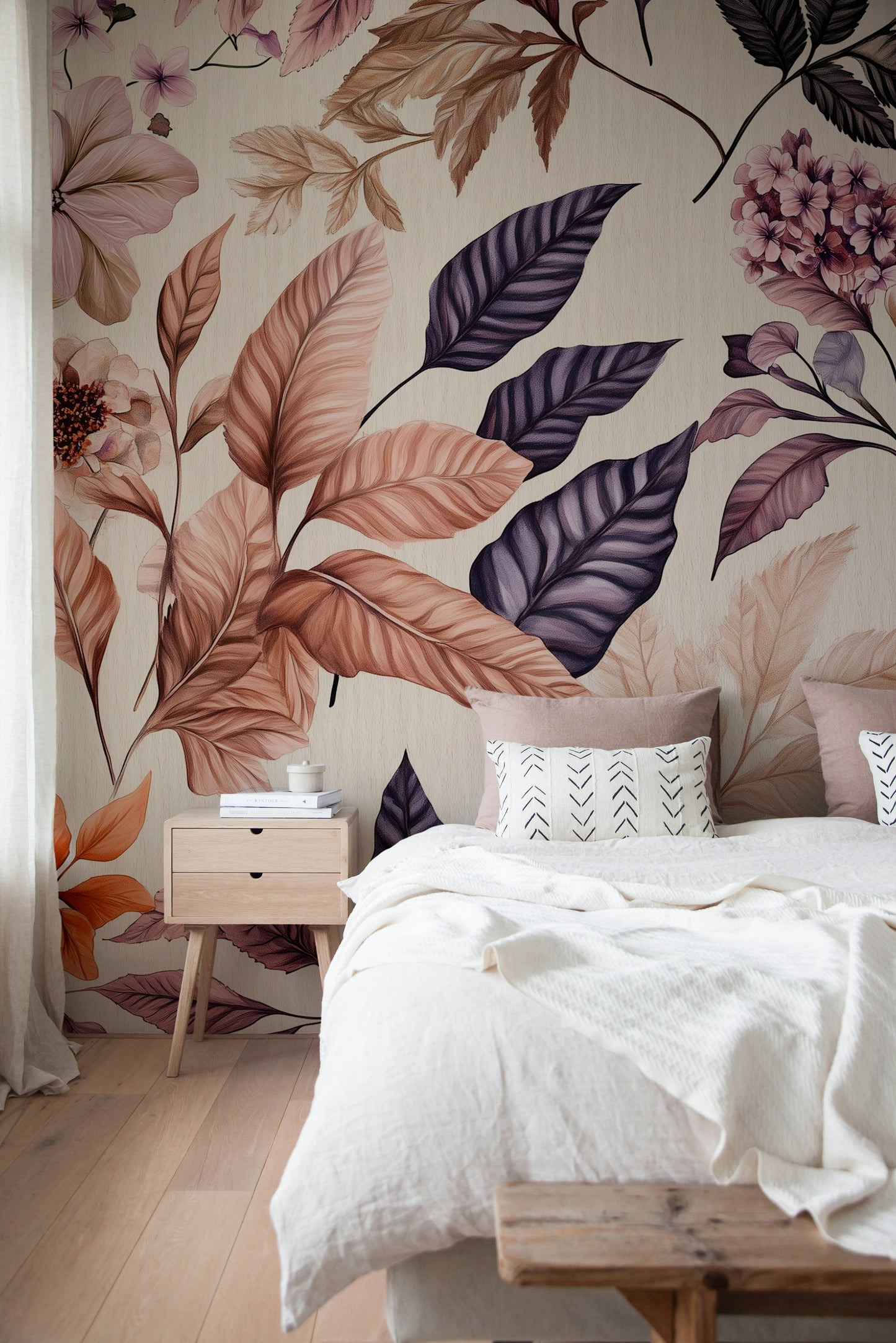 Vintage Botanical Blush Floral Wallpaper Big Leaf Wall Mural