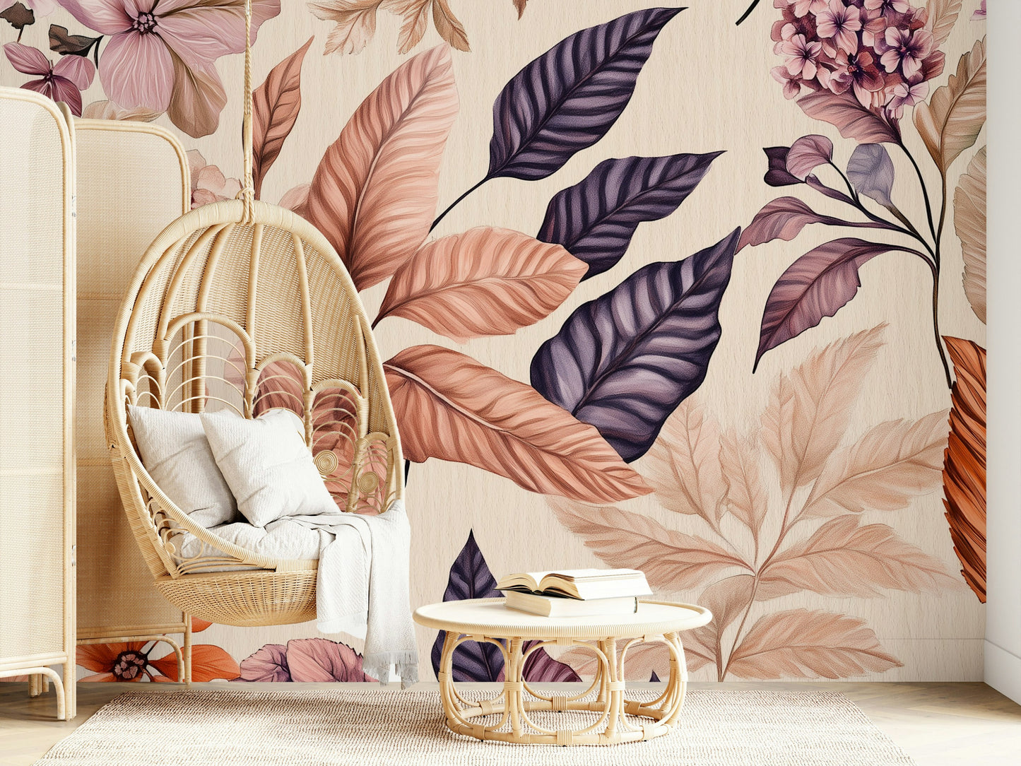 Vintage Botanical Blush Floral Wallpaper Big Leaf Wall Mural