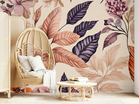 Vintage Botanical Blush Floral Wallpaper Big Leaf Wall Mural