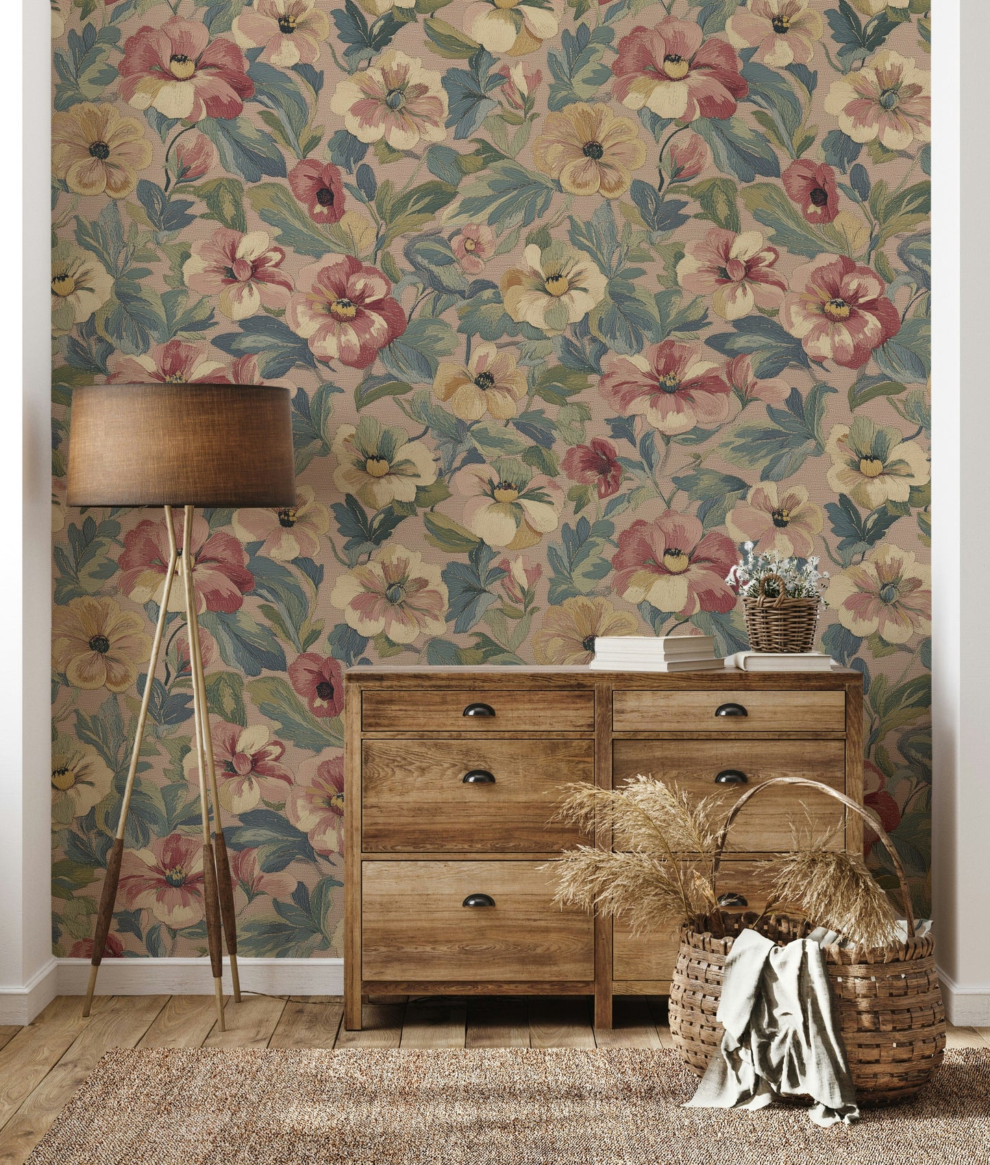 Vintage Embroidered Floral Tapestry Wallpaper