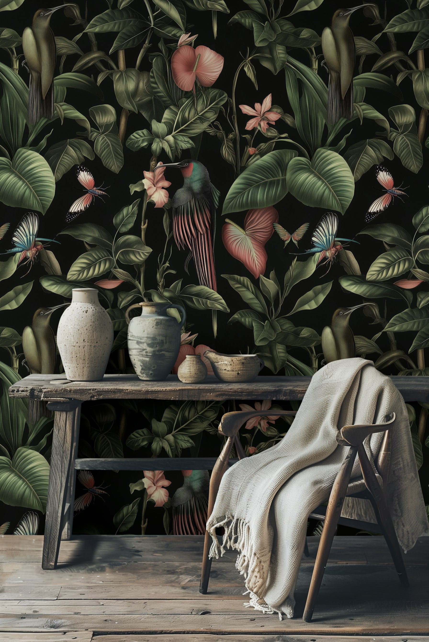 Dark Exotic Tropical Jungle Floral Wallpaper