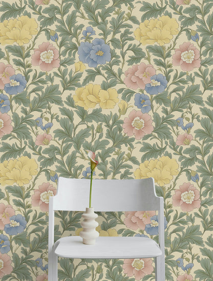 Soft Cream Multicolor Floral Pattern Wallpaper