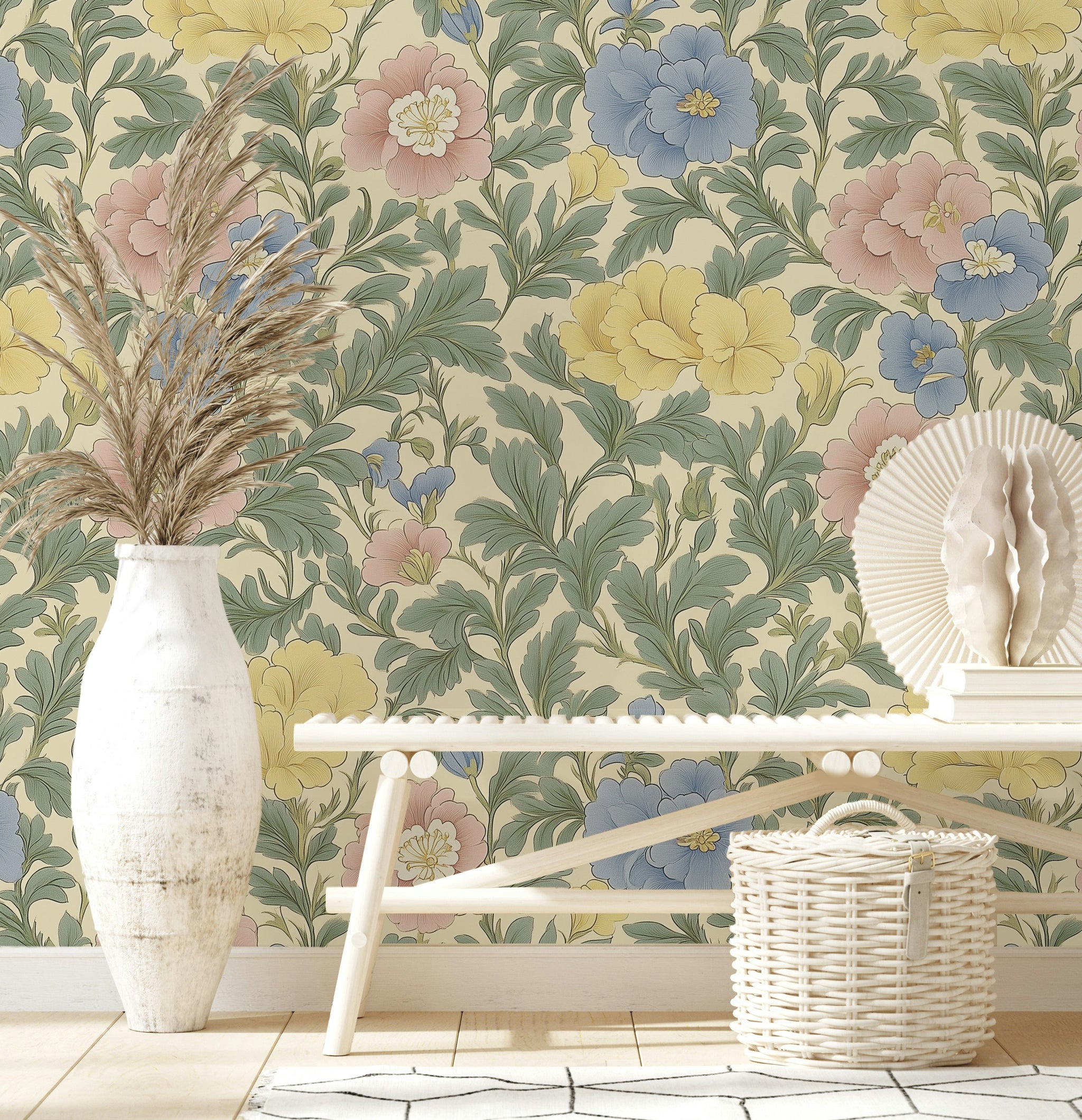 Soft Cream Multicolor Floral Pattern Wallpaper