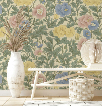Soft Cream Multicolor Floral Pattern Wallpaper