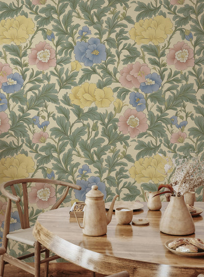 Soft Cream Multicolor Floral Pattern Wallpaper