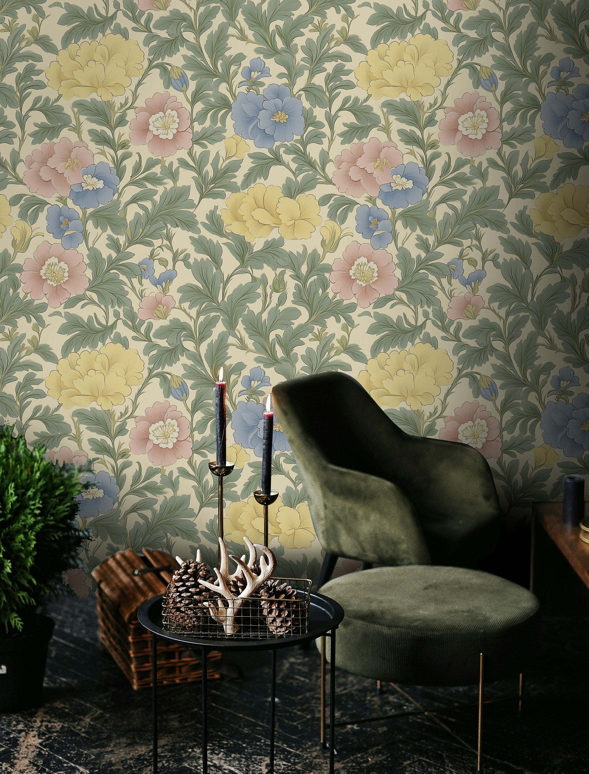 Soft Cream Multicolor Floral Pattern Wallpaper