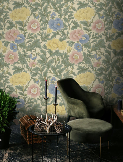 Soft Cream Multicolor Floral Pattern Wallpaper
