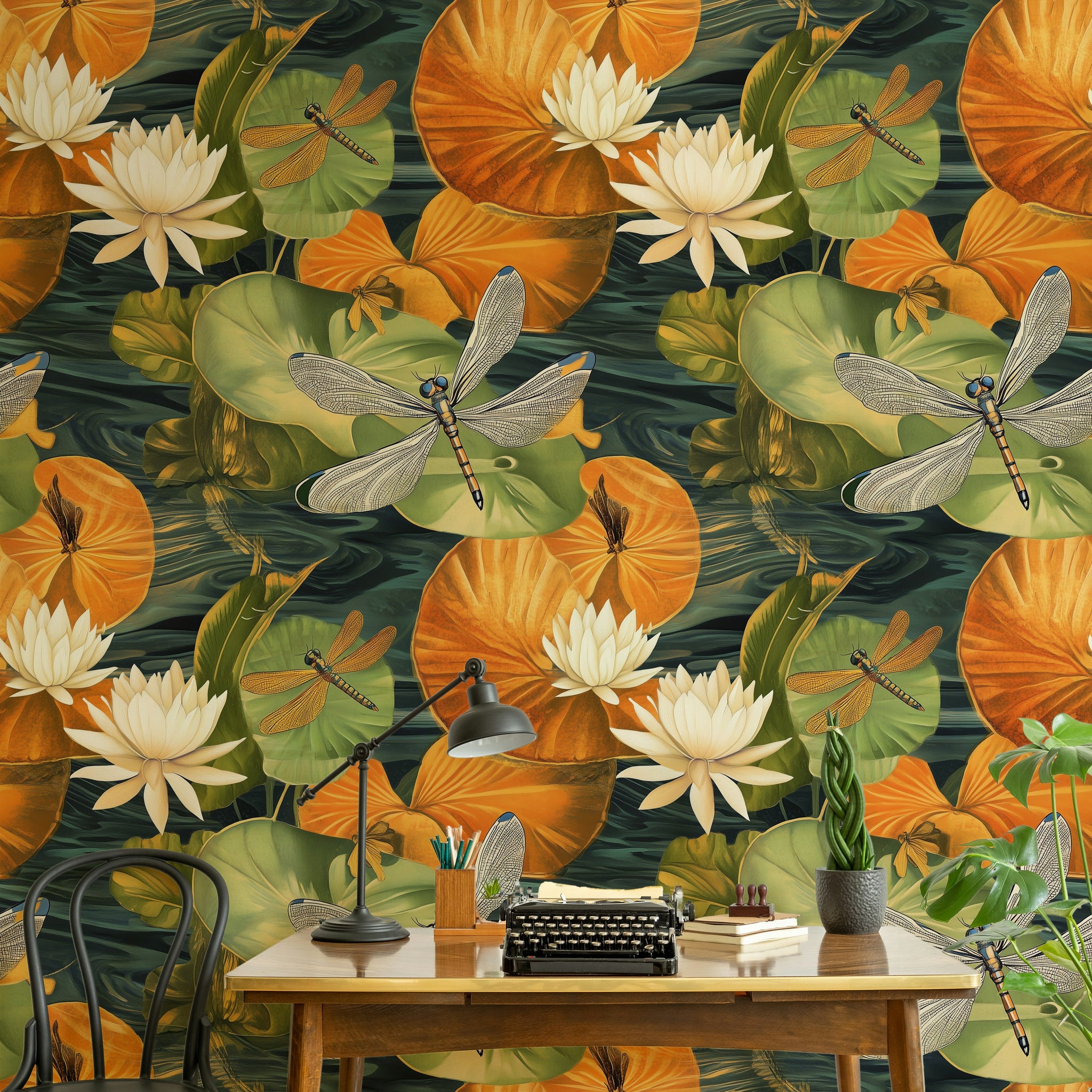 Dark Green and Orange Water Lily Dragonfly Wallpaper