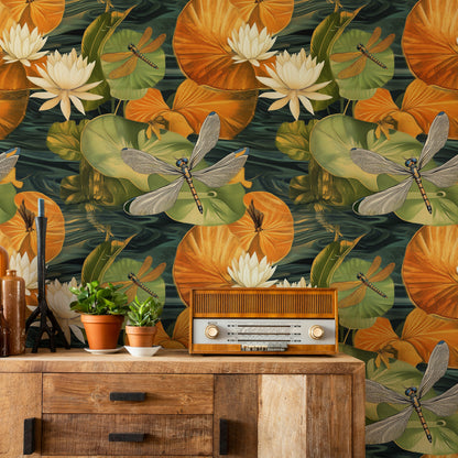 Dark Green and Orange Water Lily Dragonfly Wallpaper