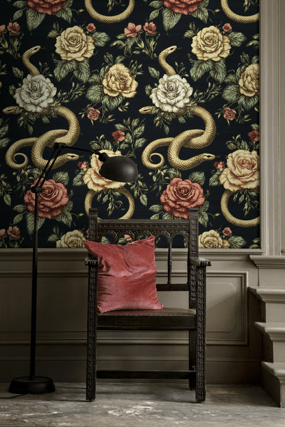 Moody Black and Gold Look Rose Snake Wallpaper