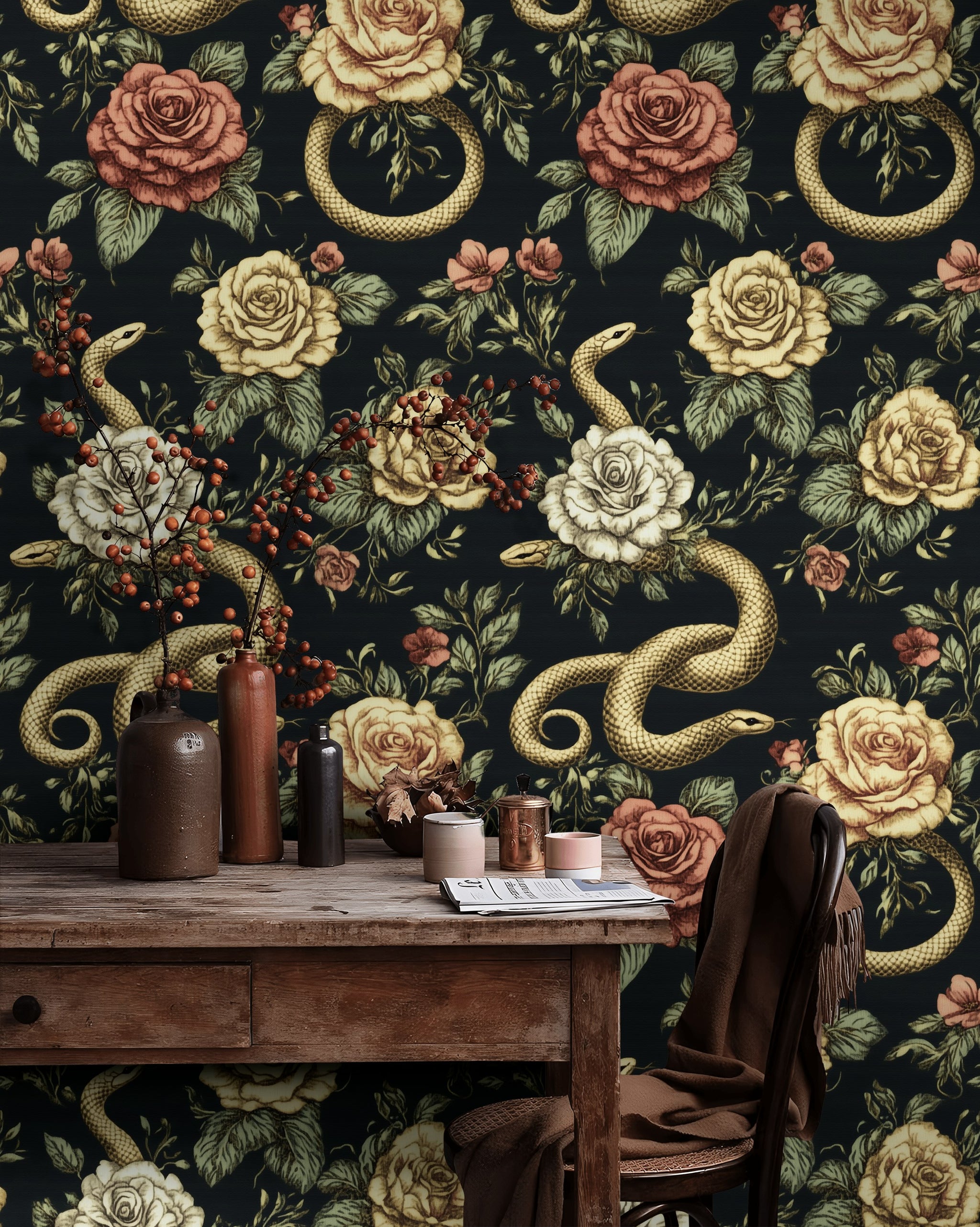 Moody Black and Gold Look Rose Snake Wallpaper