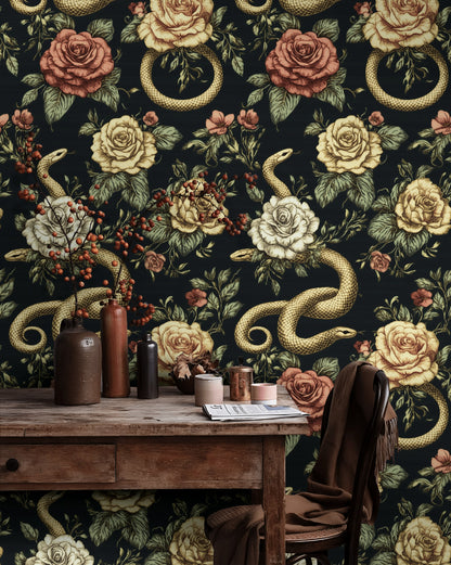 Moody Black and Gold Look Rose Snake Wallpaper