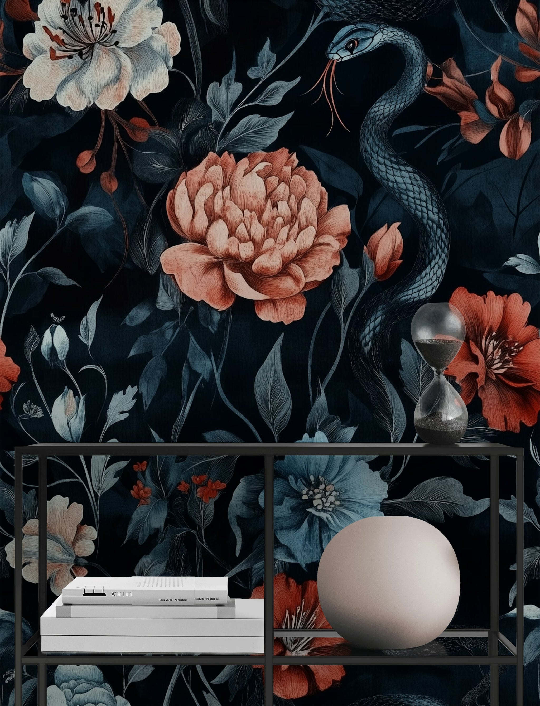 Dark Vintage Floral and Snake Wallpaper
