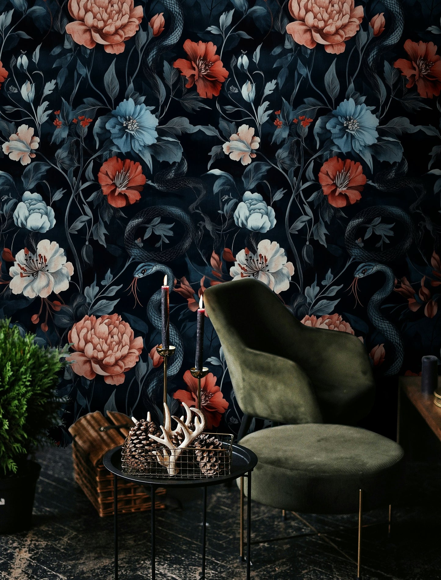 Enchanted Garden Floral Wallpaper with Mystical Snake Wall Mural