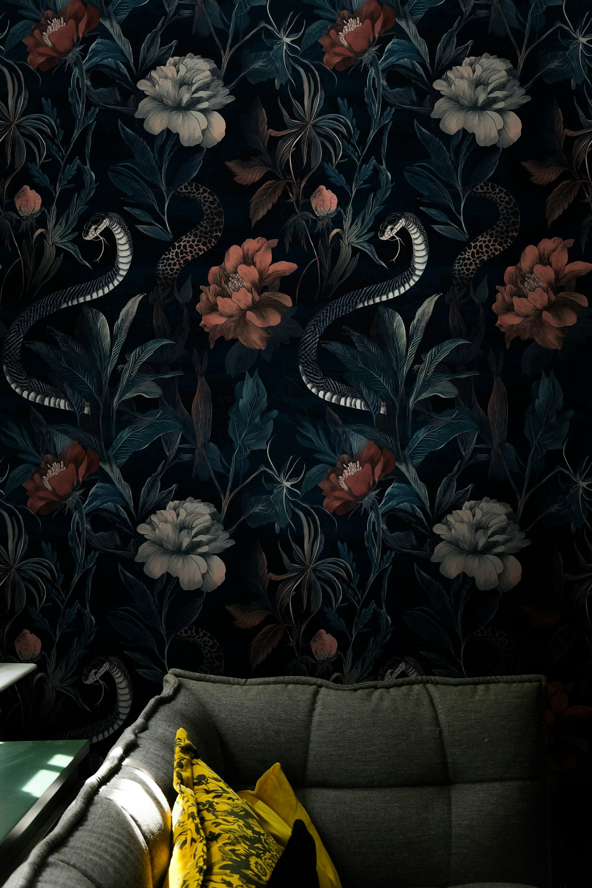 Moody Black Floral and Snake Pattern Wallpaper