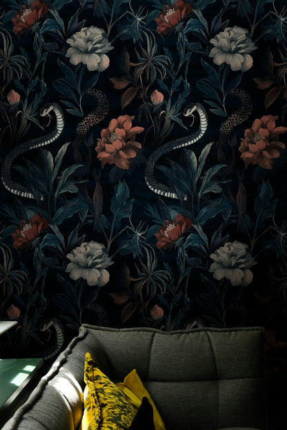 Moody Black Floral and Snake Pattern Wallpaper