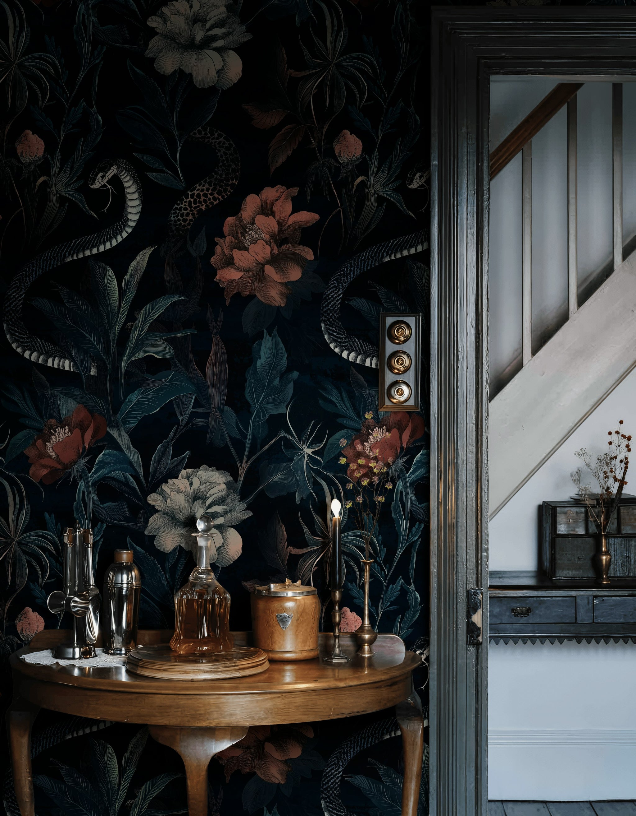 Moody Black Floral and Snake Pattern Wallpaper