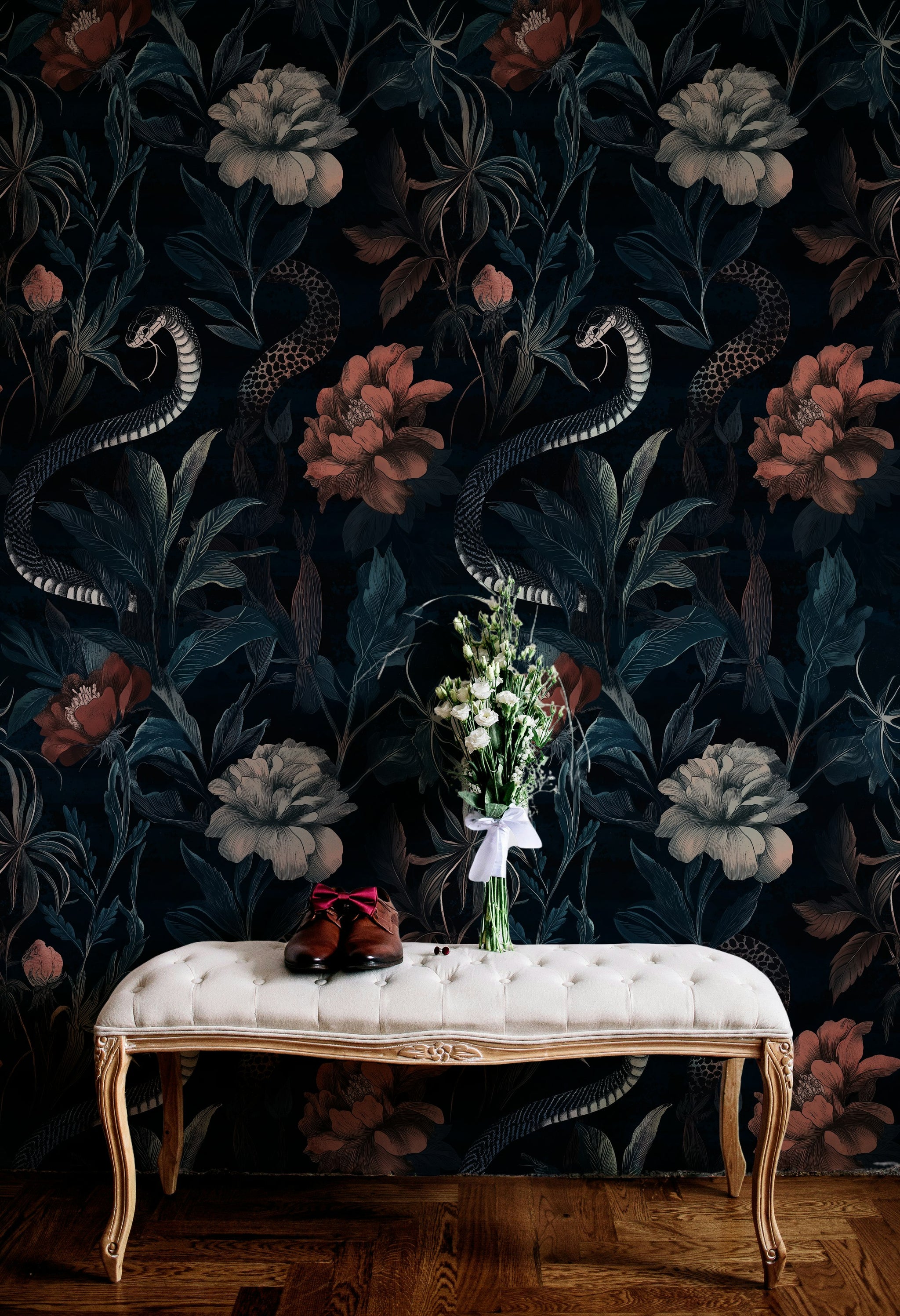 Moody Black Floral and Snake Pattern Wallpaper
