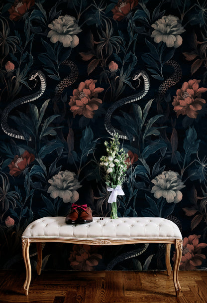 Moody Black Floral and Snake Pattern Wallpaper