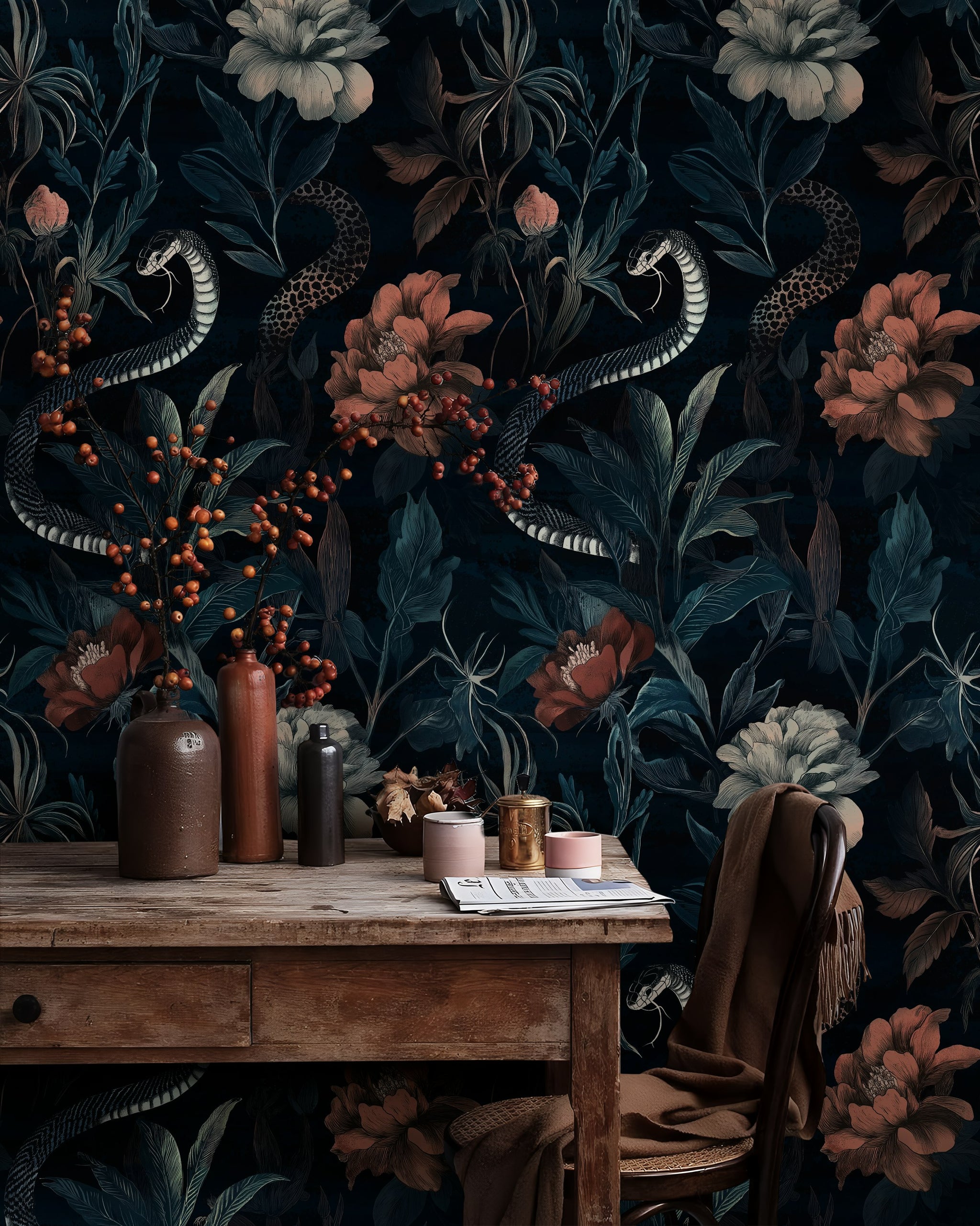 Moody Black Floral and Snake Pattern Wallpaper