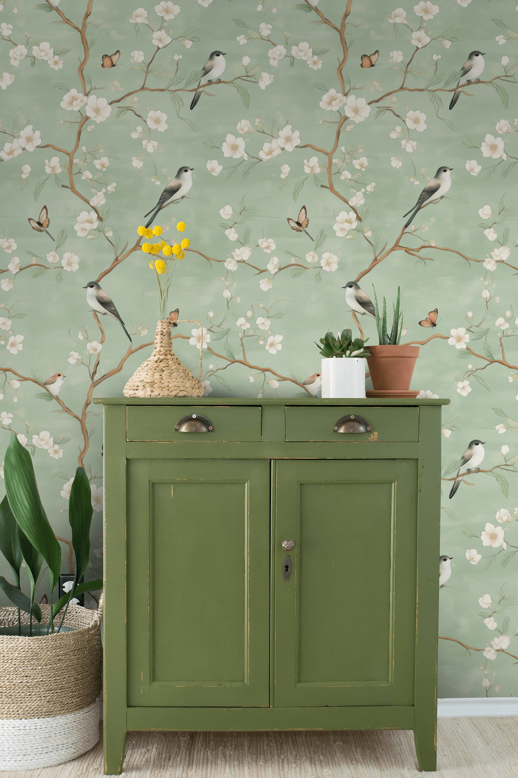 Sage Green Cherry Blossom and Bird Wallpaper