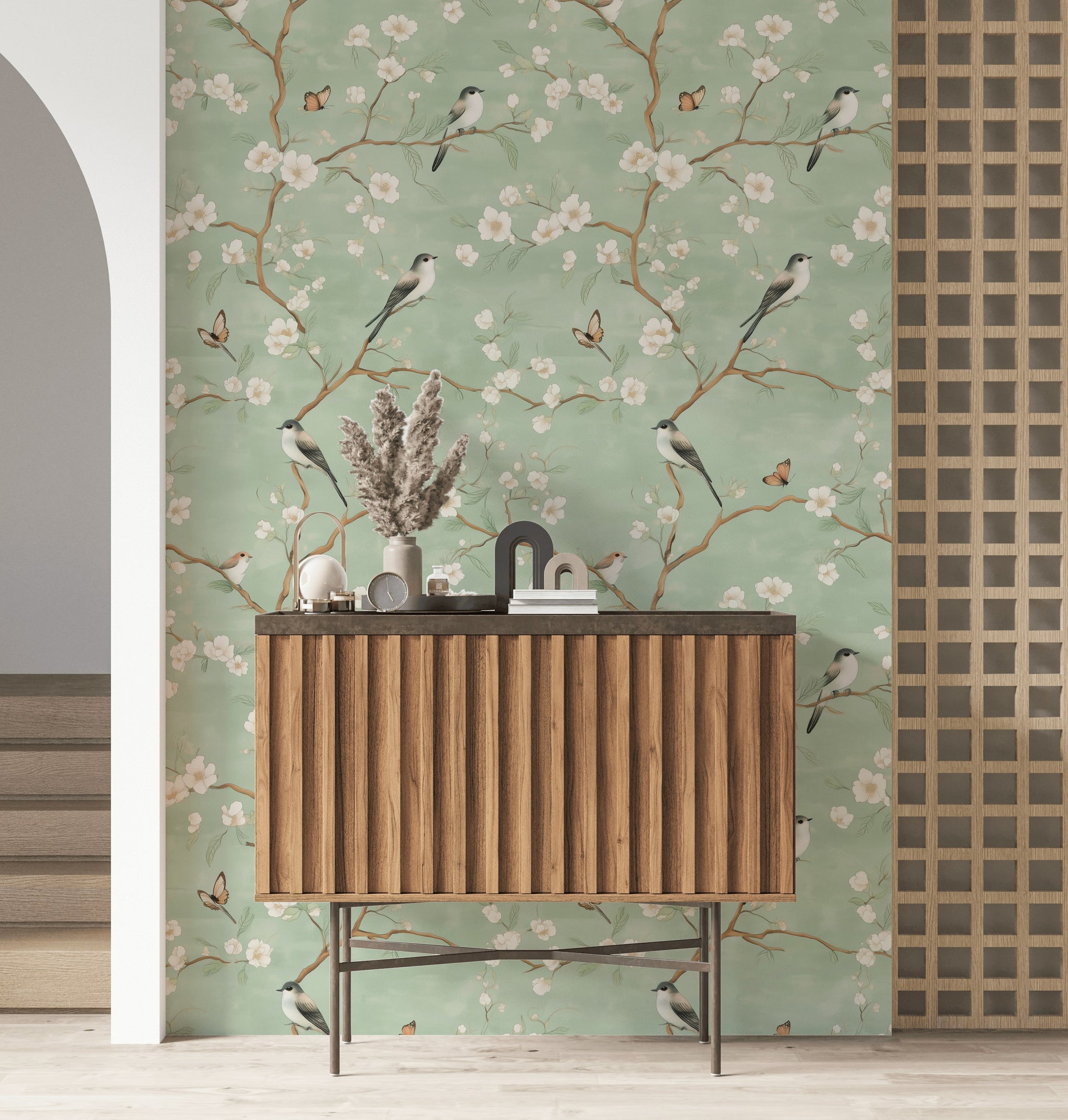 Sage Green Cherry Blossom and Bird Wallpaper