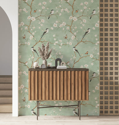 Sage Green Cherry Blossom and Bird Wallpaper