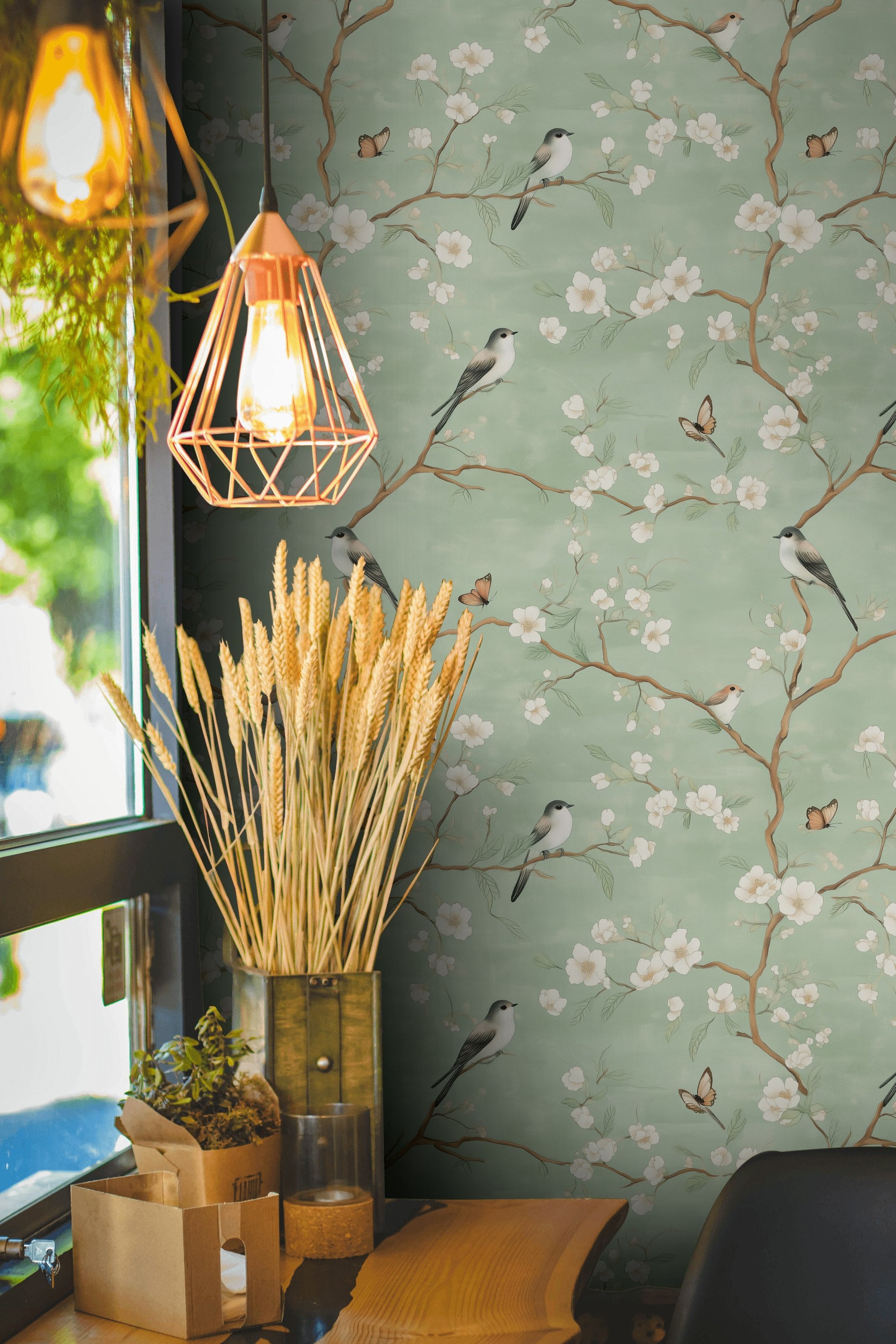 Sage Green Cherry Blossom and Bird Wallpaper