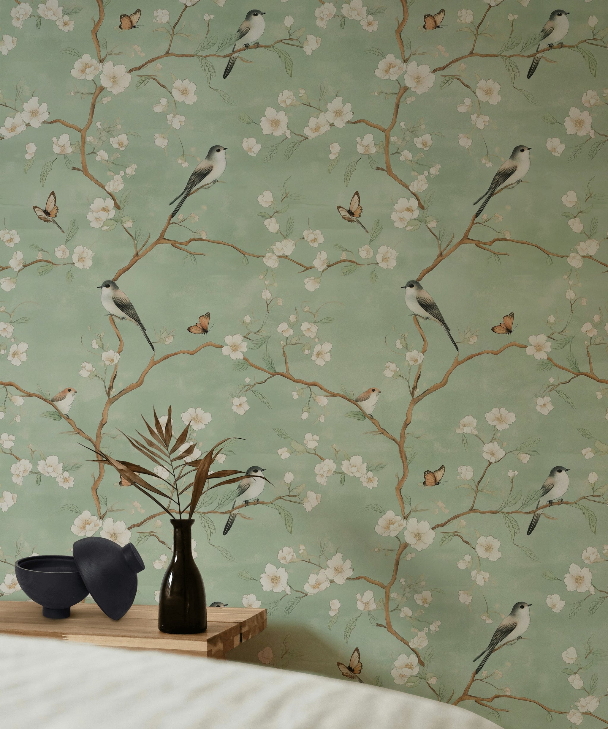 Sage Green Cherry Blossom and Bird Wallpaper