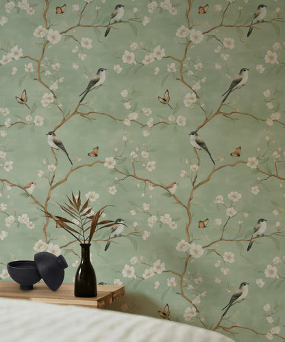 Sage Green Cherry Blossom and Bird Wallpaper