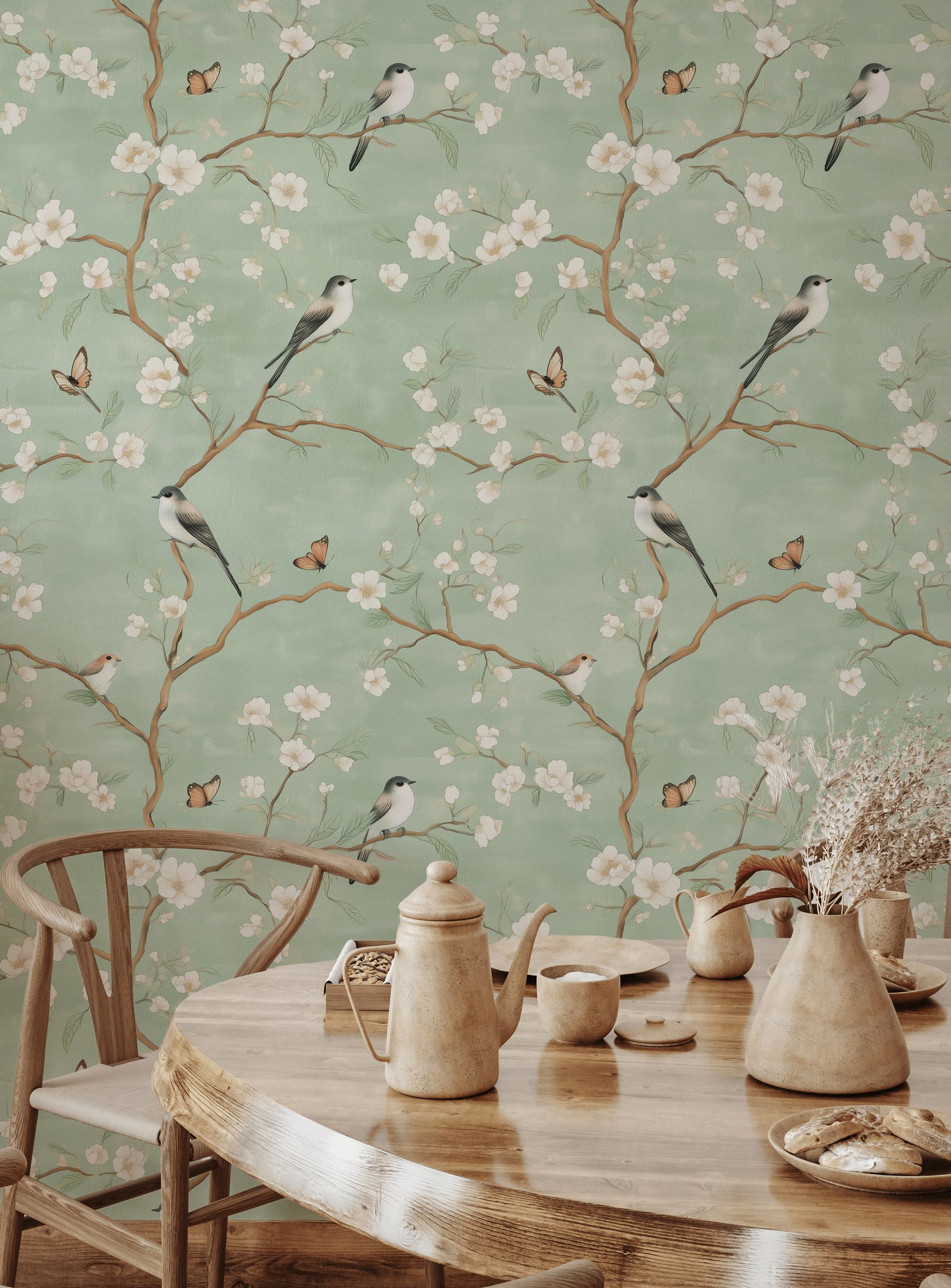 Sage Green Cherry Blossom and Bird Wallpaper