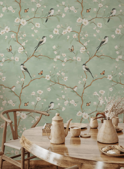 Sage Green Cherry Blossom and Bird Wallpaper