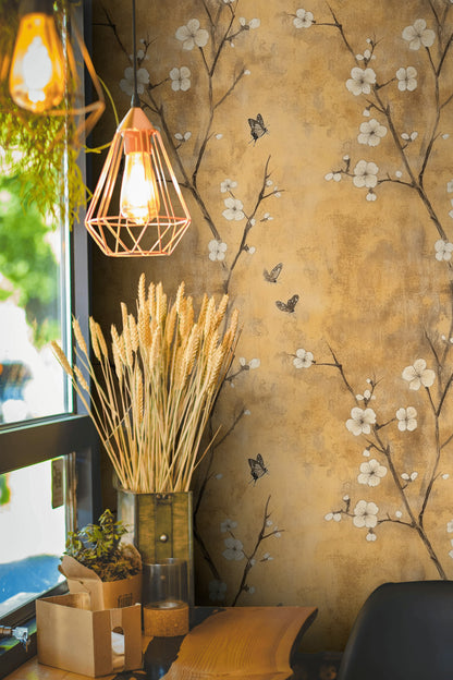 Warm Beige Cherry Blossom and Butterfly Wallpaper