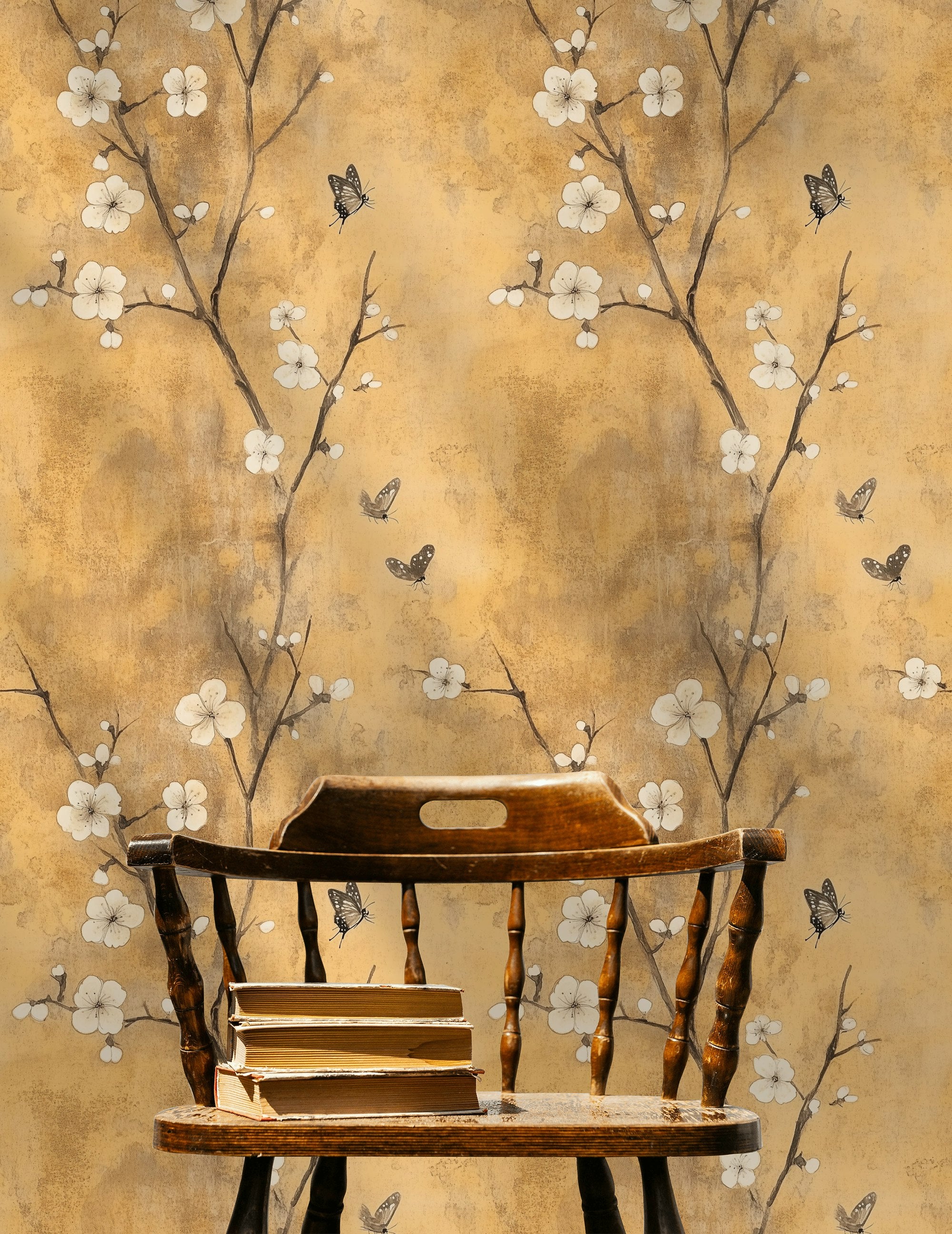 Warm Beige Cherry Blossom and Butterfly Wallpaper