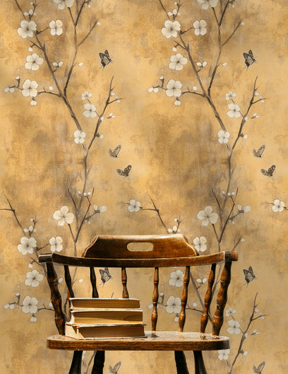 Warm Beige Cherry Blossom and Butterfly Wallpaper